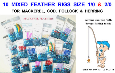10 GEMISCHTE FEDER RIGS GRÖSSE 1/0 & 2/0 HAKEN MAKRELE DORSCH HERING MEERESANGELN KÖDER