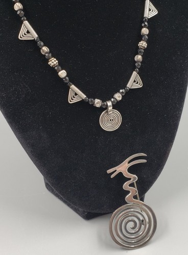 **RARE Dancing Spirals 925 NALDO Brooch & 925 Black Glass 16" Necklace** - Picture 2 of 6