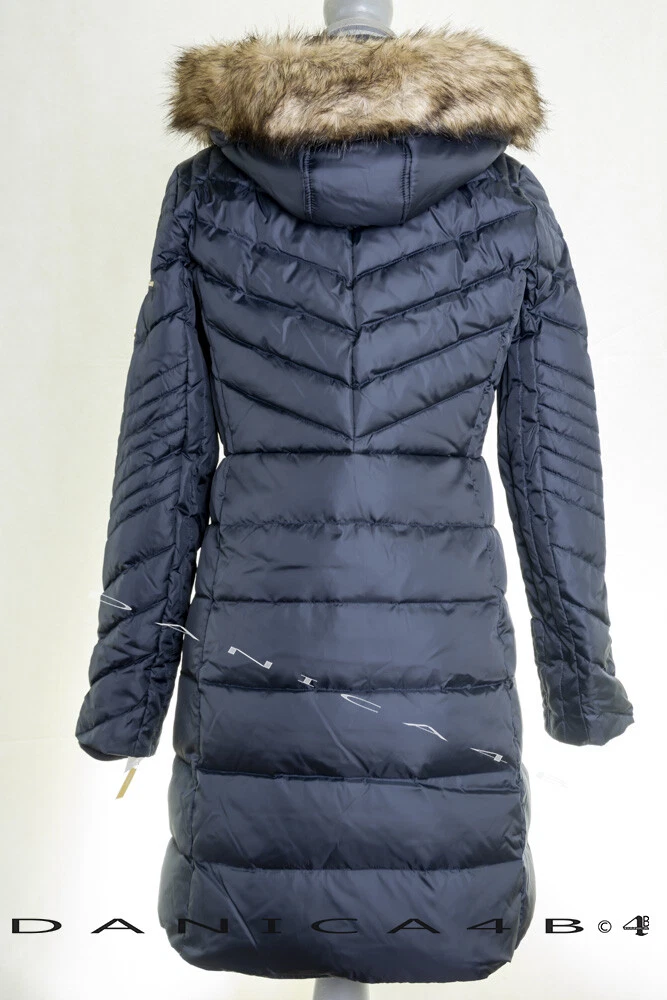 Cappotto tampone Michael Kors donna finiture in pelliccia sintetica con cappuccio trapuntato S blu navy