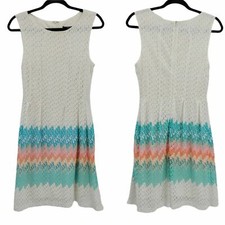 R&K Dress Pastel Chevron Lace Overlay Sleeveless Scoop Tea Length White Sz 10