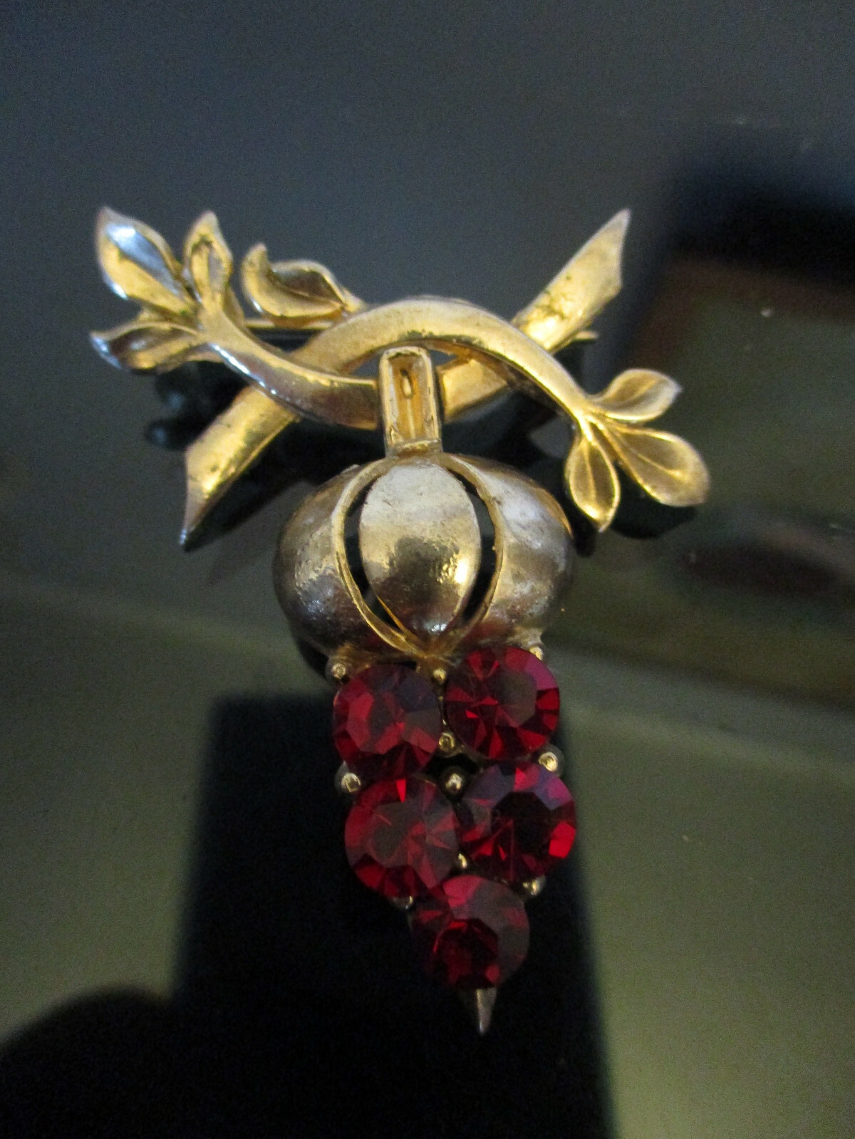 Vintage Ruby Red Rhinestone Raspberry Berry Leaf … - image 1