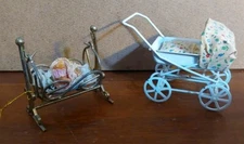 Vintage Dollhouse Furniture Miniature Metal Baby Stroller Bassinet Crib Rocking