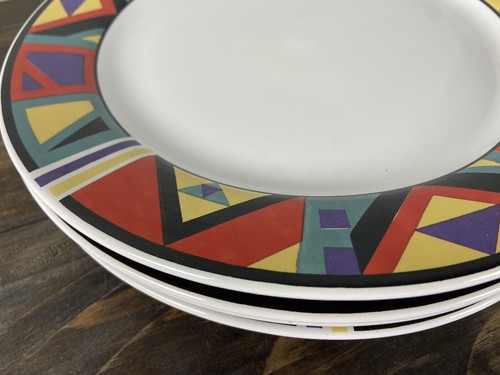 Geometric Stoneware Dinner Plates 80s Retro Red Yellow Set Of 4 - Picture 7 of 9