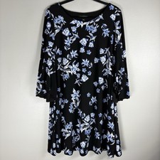 Lauren Ralph Lauren 14 Black Blue Floral 3/4 Bell Sleeve Lined A Line Dress NWT