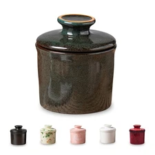 Pottery Butter Keeper Crock - Ceramic Butter Dish with Water Line for Counter...