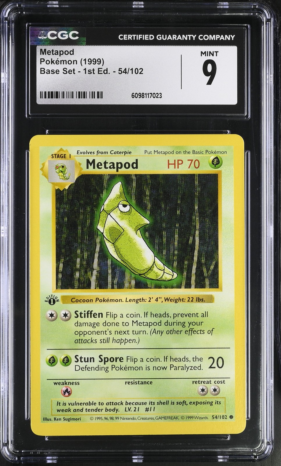 CGC 9 MINT Metapod 1999 Base Set 1st Edition Shadowless 54/102 Pokemon Card