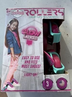 Madd Gear Rollers Light-Up Heel Skates ''Glow and Roll'' Fits Most Shoes Pink/Teal