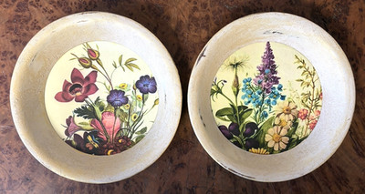 Pair of Vintage Round Wood Framed Floral Prints on Canvas Gilded Frames Cottage