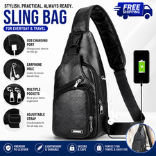 Black Chest Crossbody Bag Sling Backpack for Men with USB Charge Port