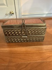 Vtg MCM Lucite Amber Bakelite Brass Filigree Purse Trinket Box