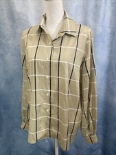 Vintage Baron Peters Silk Blouse Women’s 16 Beige Windowpane Plaid Button Up EUC