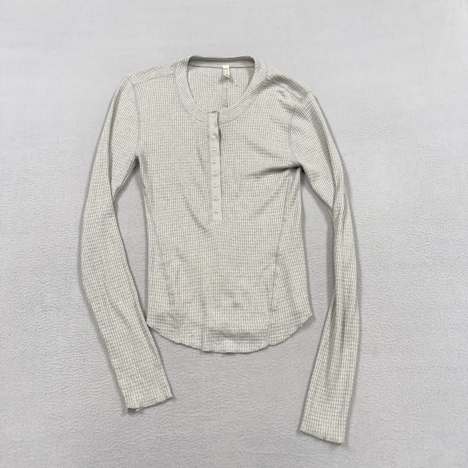 Free People Shirt Womens Medium Gray Waffle Knit Thermal Henley Long Sleeve Top
