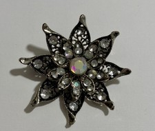 Vtg Star Flower Brooch Silver Tone Filigree Clear AB Rhinestone Statement Pin
