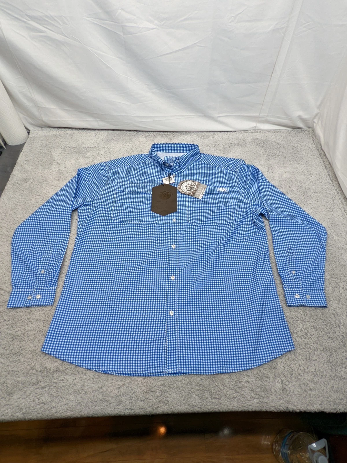 New EAG Elite Fishing Shirt Mossy Oak Blue Check Pattern Mens 2XL Vented NWT