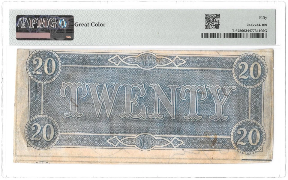 T-67 1864 $20 Confederate CSA Note Orange Shade Graded "Great Color" by PMG AU50 - Image 3 of 4