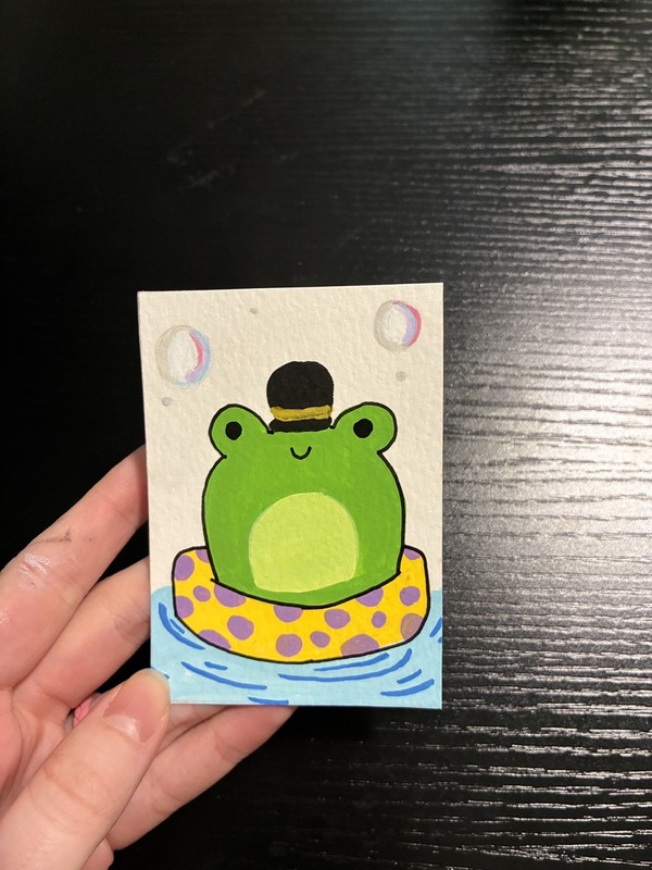 ACEO Original, Froggy Float Mini Art Painting, Illustration, Acrylic on Paper