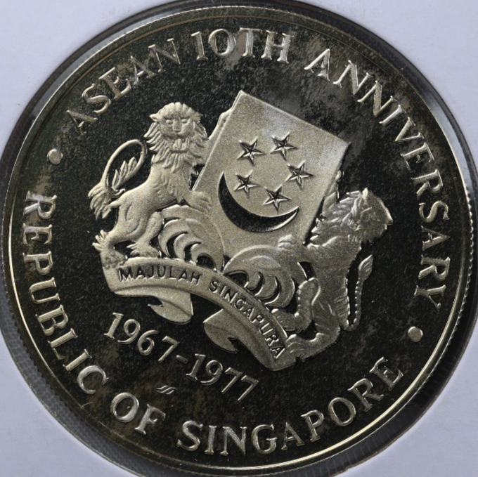 1977 Singapore 10 Dollars ASEAN 10th Anniversary OLD Proof Silver