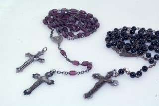 2pc Rosary Bead Necklace Lot Amethyst & Black Bead w Bonus Crucifix