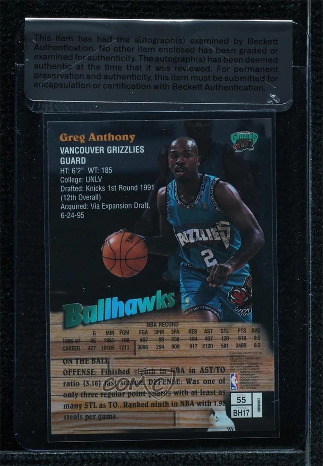 BAS 1997 Topps Лучшая Обычная Бронза Грег Энтони No55 Печать Подлинности Авто - Изображение 2 из 2