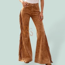 Womens Genuine Lambskin Suede Leather Fringe Pants Western High Waist Flare Boho