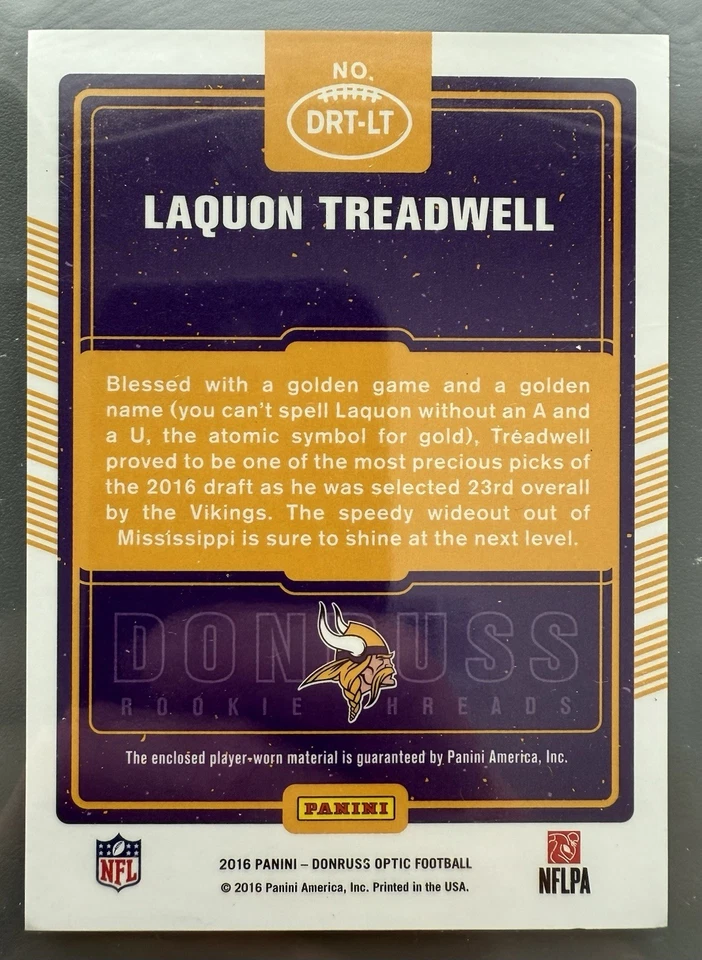 2016 Donruss Optic - Rookie Threads Laquon Treadwell #DRT-LT Pink (MEM, RC) - Image 2 of 2