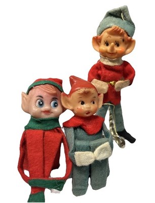 Vintage Knee Hugger Pixie Elfs Christmas Tree Ornaments Lot of 3 Japan