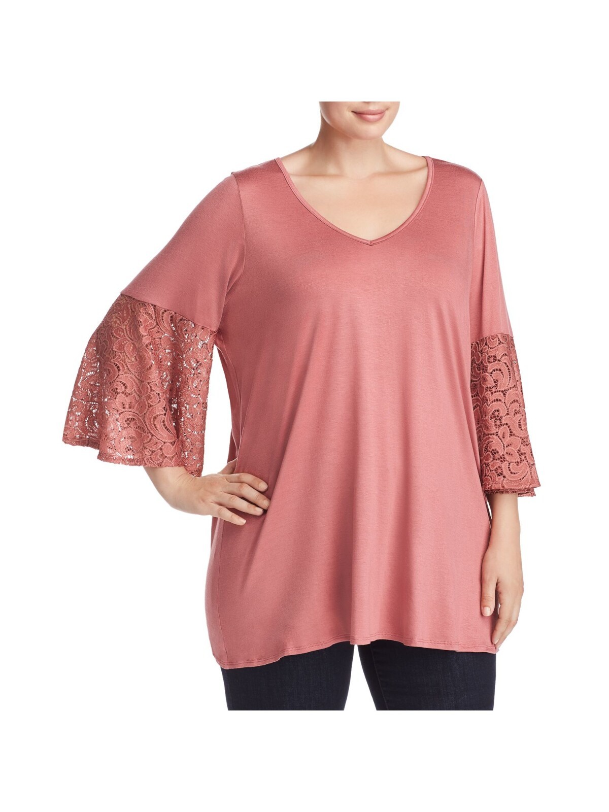 STATUS BY CHENAULT Womens Stretch Lace V-Neck Bell Sleeve Pullover Top