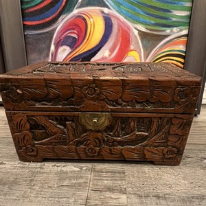 Hand Carved Wooden Antique Box with Brass Lock and Floral Motif