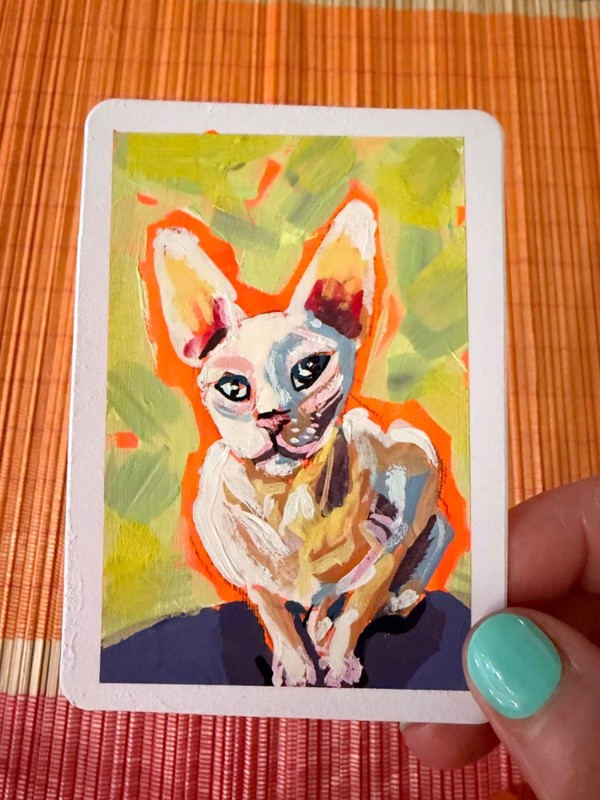 ACEO ORIGINAL HAIRLESS CAT SERIES 5/8 Gouache PAINTING kleptodog signed art