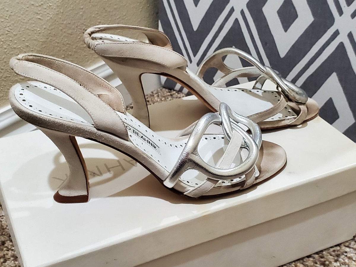 Manolo Blahnik Aitana Slingback Heels 36.5 White Silver Suede Sandals View 5