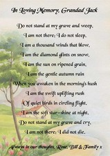 'Do not stand at my grave and weep' Memorial/funeral poem, personalised keepsake