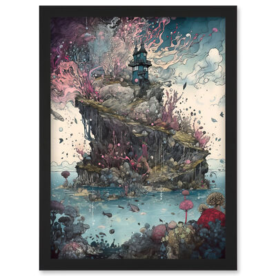 Fantasy World Coastal Island Landscape Nymph House Framed Art Picture Print A4