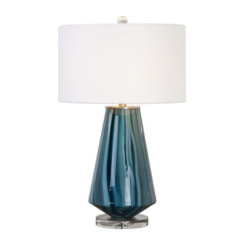 Teal Blue Gray Swirl Glass Table Lamp | Ivory Drum Shade - Picture 1 of 2