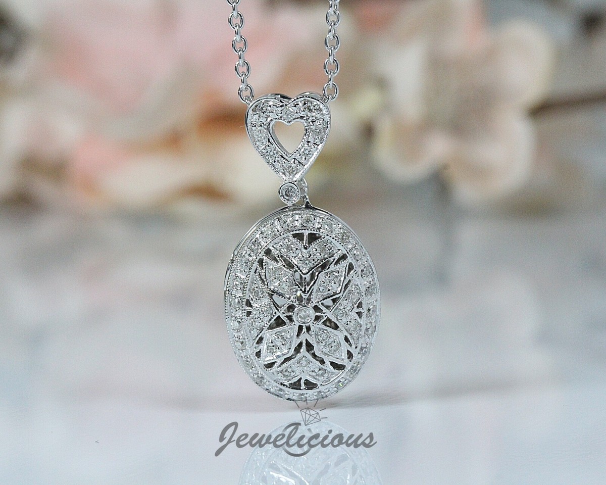 Estate 14K White Gold Natural Diamonds Oval Heart Locket Pendant