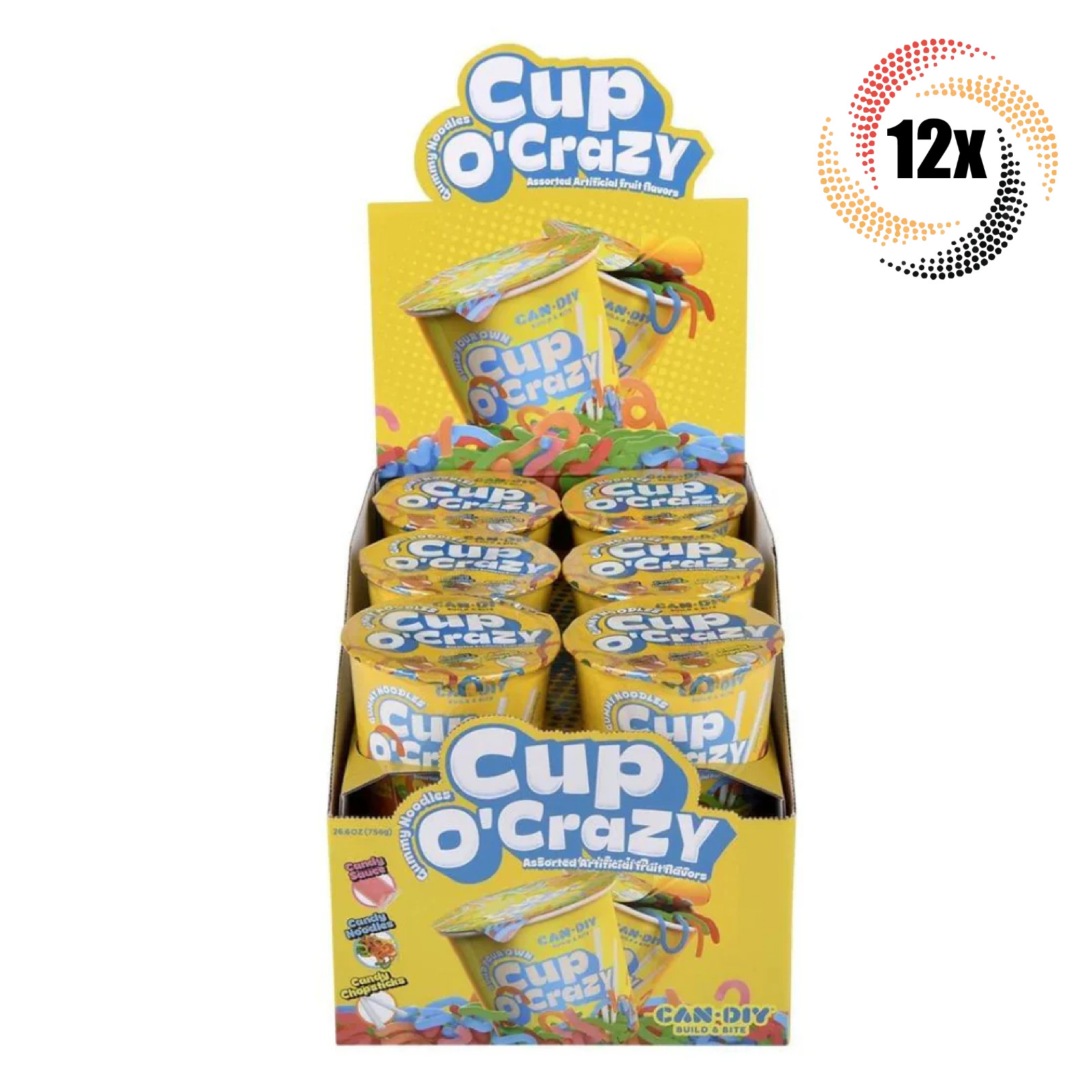 Полная коробка, 12 чашек, Too Tarts Cup O Crazy Фруктовое ассорти с мармеладной лапшой | 2,2 унции