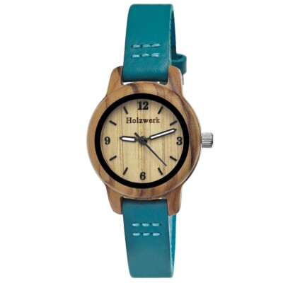 Holzwerk CLARA BLUE kleine Kinder Holz Uhr mit Leder Armband