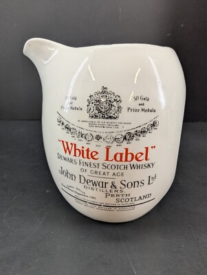 Vntg White Label Dewars Finest Scotch Whisky White Advertising Pub Jug Water Jug