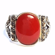  Size 6 Rich CARNELIAN OVAL RING Marcasite .925 STERLING SILVER