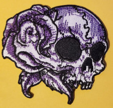 Purple Skull with Flower Embroidered Patch approx. 3.75 x 3.75"