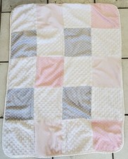 Baby Girl Blanket White Pink Gray Minky Patchwork Block Heart Sherpa Fleece