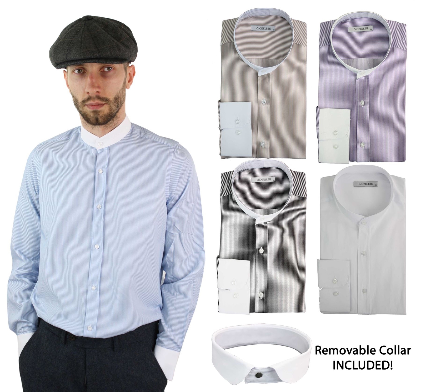 Chemise Homme Retro Style Peaky Blinders A Rayures Avec Col Indien Amovible Ebay