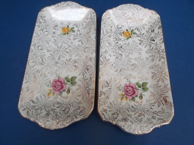 Paar cremefarbene Royal Tudor Ware geblümt längliche Teller guter Zustand ?50er Jahre