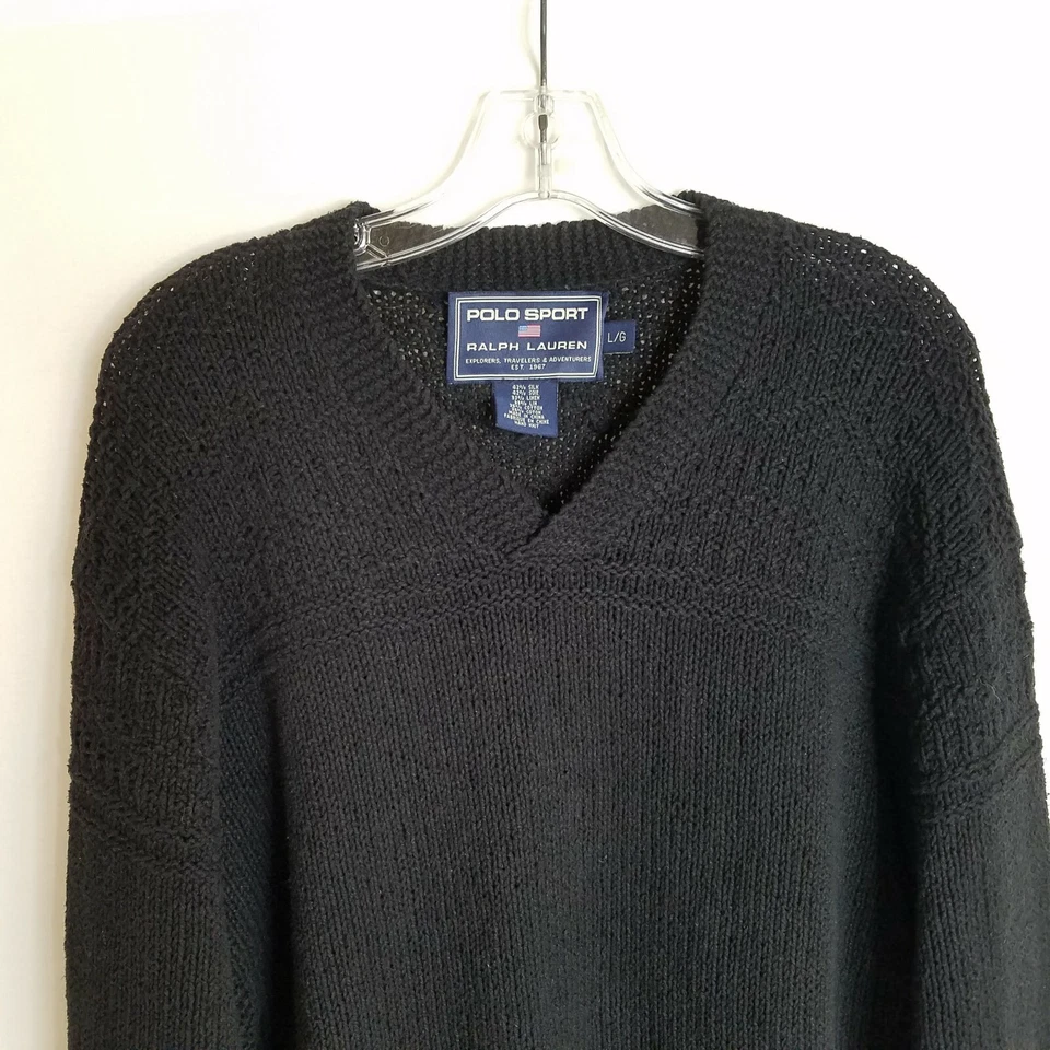 VTG Polo Sport Ralph Lauren Mens Black Silk Linen Knit V-Neck Sweater Sz Large - Image 2 of 4