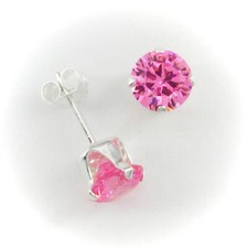 6mm ROUND Pink CZ Post Stud Earrings in SOLID 925 Sterling Silver - NEW 