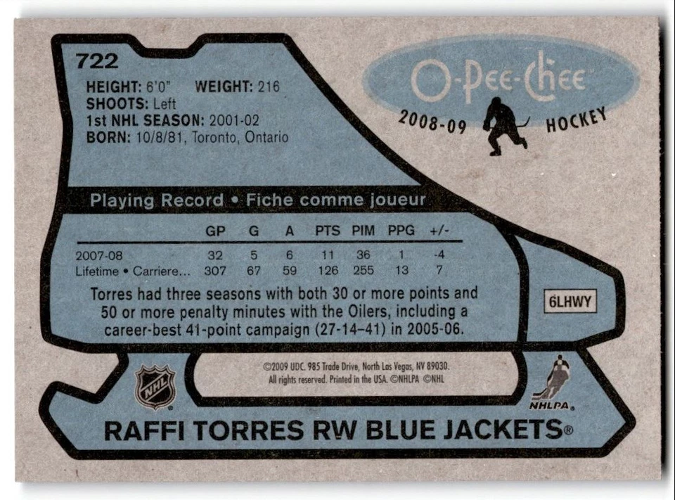 2008-09 O-Pee-Chee '79-80 Retro Raffi Torres #722 Columbus Blue Jackets - Image 2 of 2
