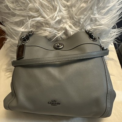 Coach Gray Pebbled Shoulder Bag Chain Strap Turn Lock Logo Accent Women's Purse