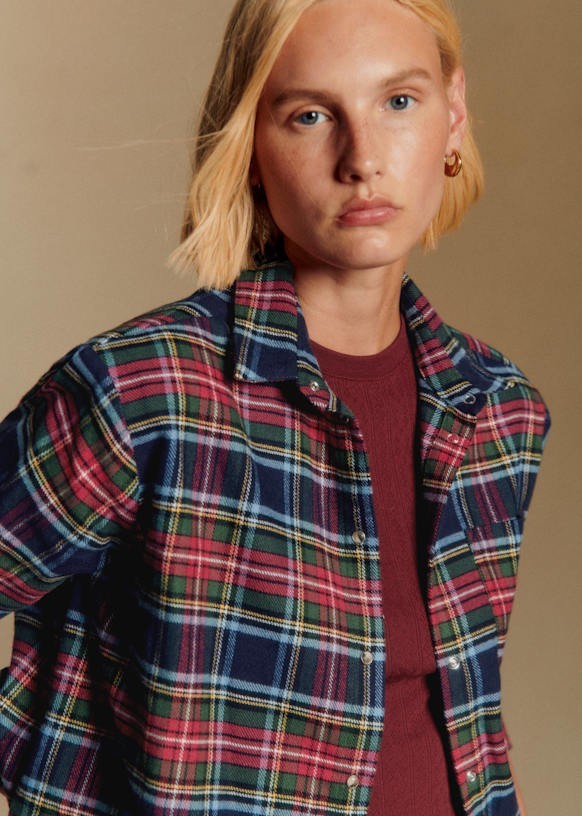 Sezane Max Shirt York Tartan Check Plaid Navy Red Brushed Organic Cotton UK10-12 image 2
