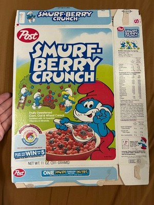 1984 Smurf-Berry Crunch Post Cereal Box Papa Smurf for President, Button Offer