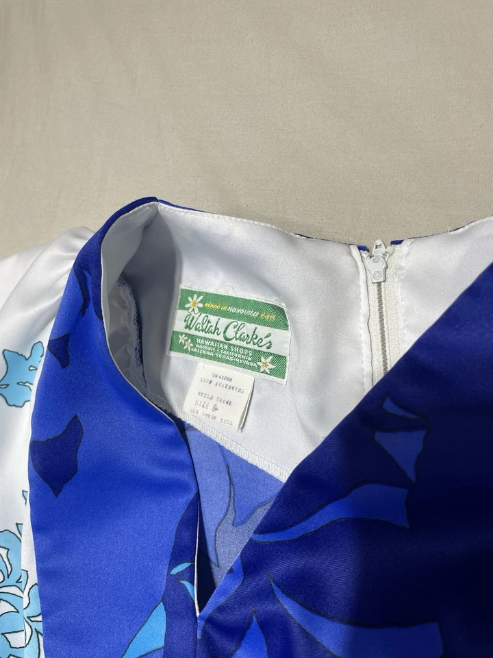 Vestido Waltah Clarke’s Vintage Hawaiano Talla 8 Azul Y Blanco Floral Foto 4 de 4