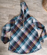 BOMBOM Women's Lightweight Plaid Blue Red Orange Hoodie Size XL Made In USA EUC